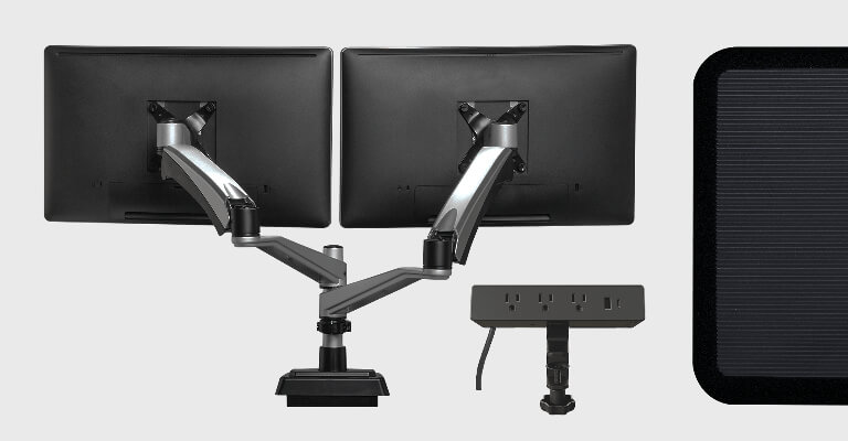 variety of accessories, including a standing mat, a power hub for power solutions on the desktop, and dual monitor arms to hold monitors off the desk